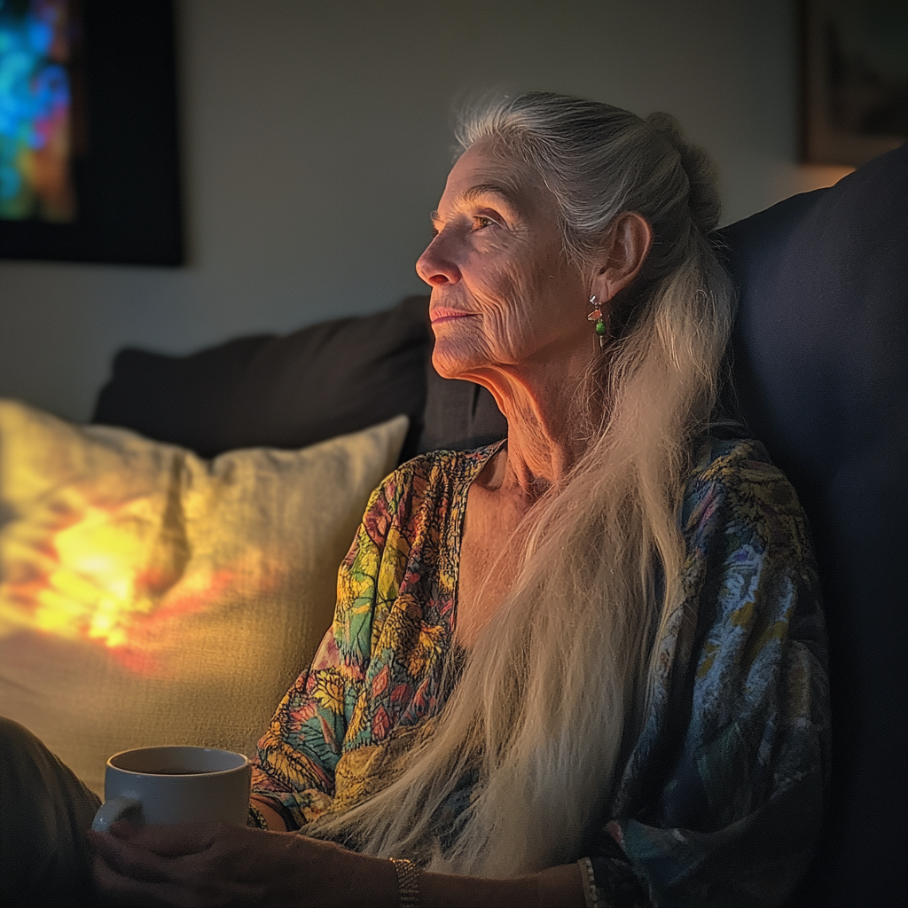 An older woman sitting on a couch | Source: Midjourney