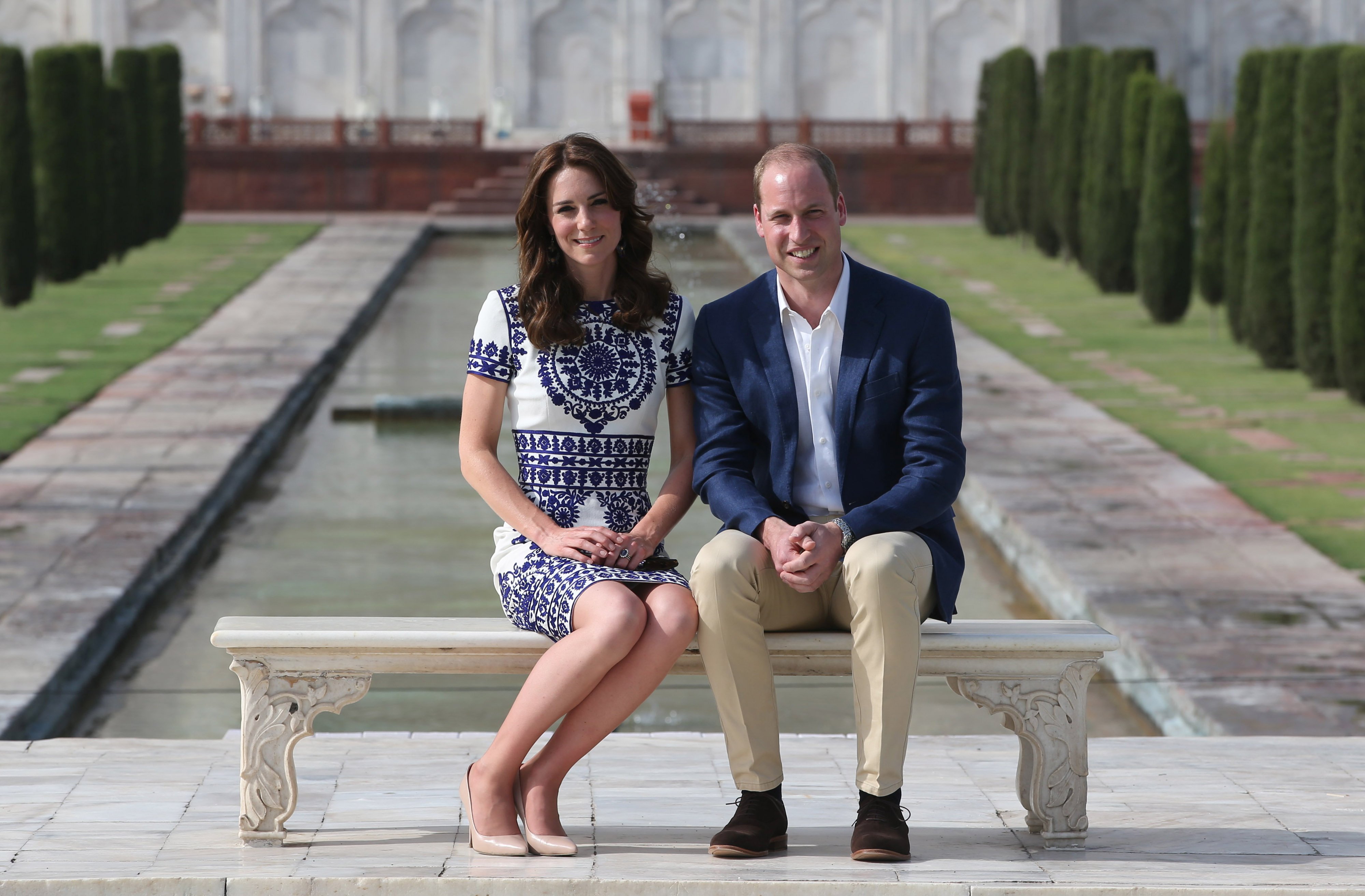 Prince William, Duke of Cambridge and Catherine, Duchess of Cambridge sit in front of the Taj Mahal during day seven of the royal tour to India and Bhutan on April 16, 2016 in Agra, India.  |  Source: Getty Images