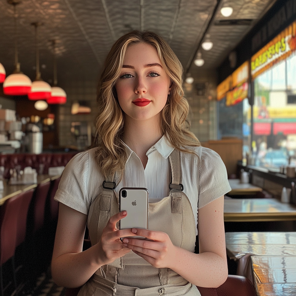 A waitress holding her phone | Source: Midjourney