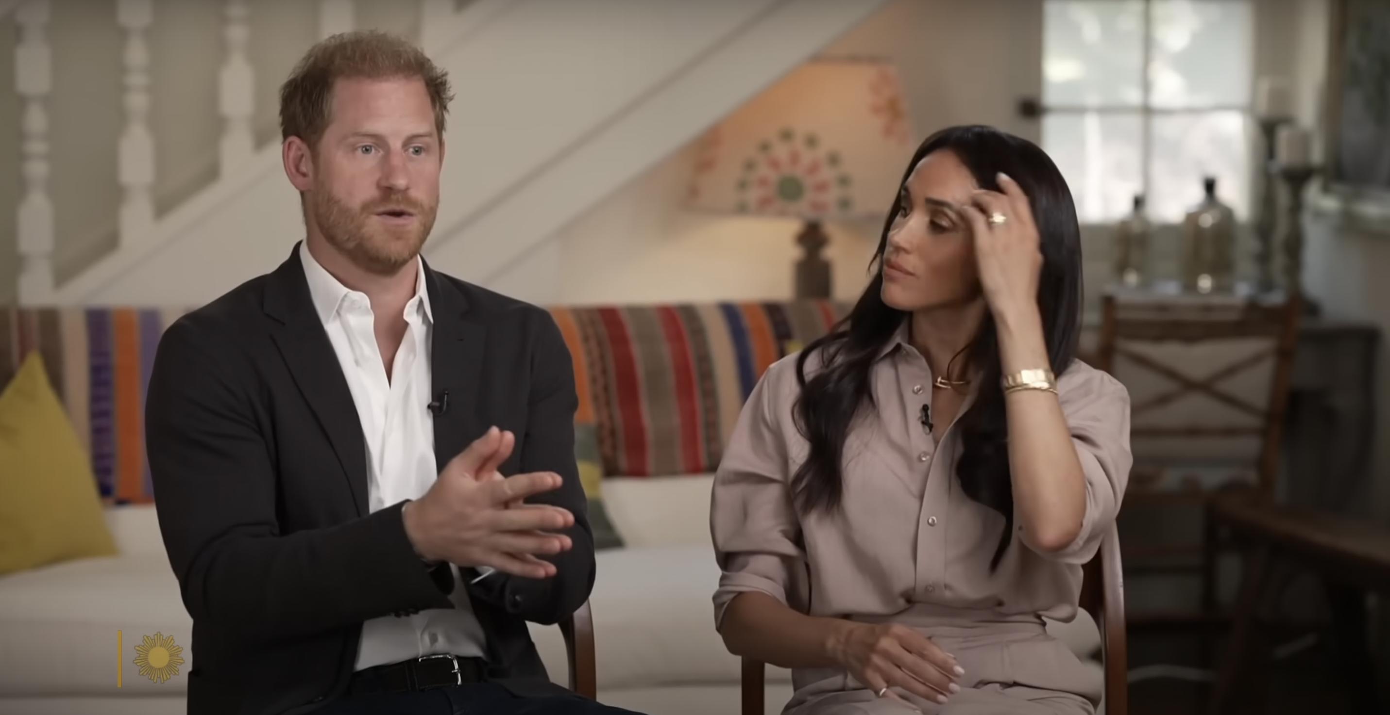 Prince Harry and Meghan Markle during their "Sunday Morning" interview with Jane Pauley on August 4, 2024. | Source: YouTube/CBS Sunday Morning