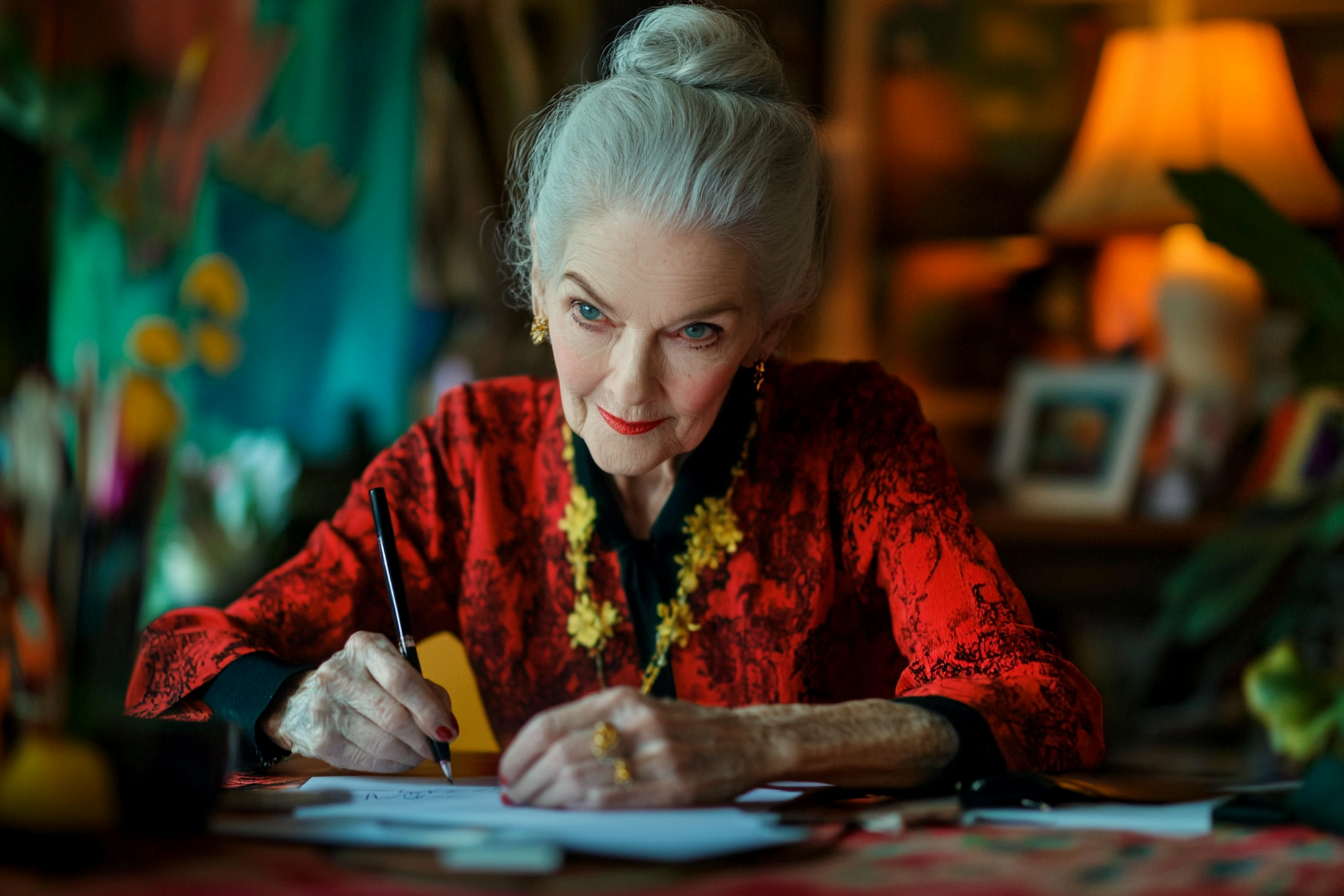 A woman look happy while writing | Source: Midjourney