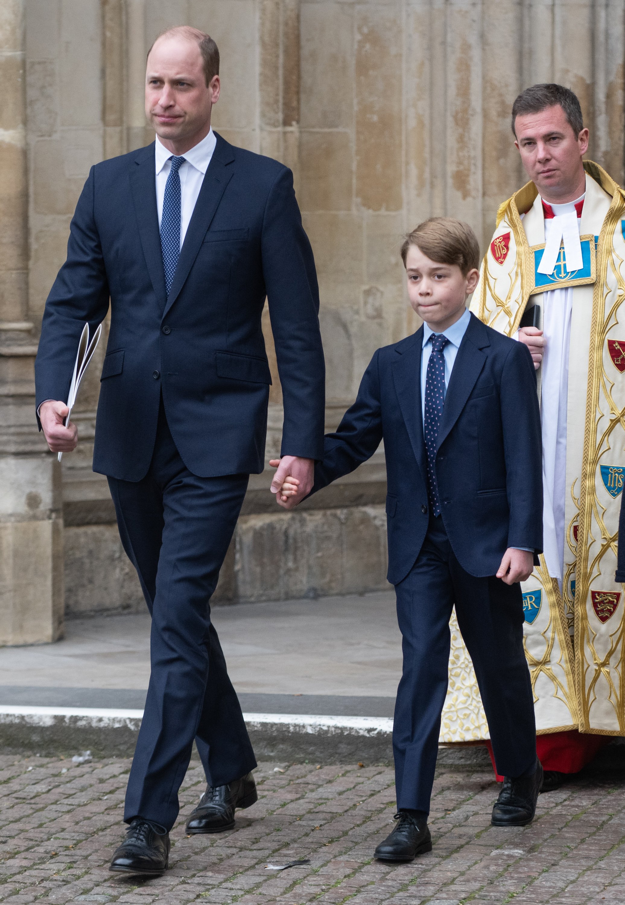Prince William with his son Prince George photographed leaving the memorial service for Prince Philip at Westminster Abbey on March 29, 2022 in London, England. / Source: Getty Images