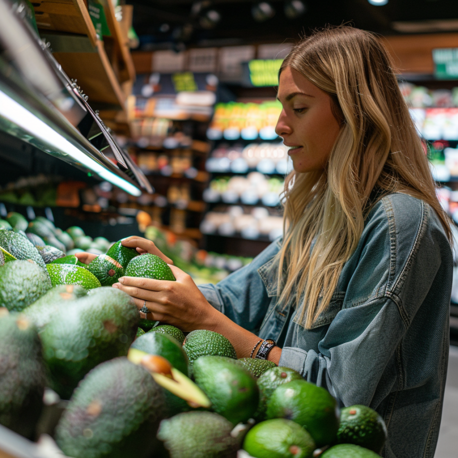 A woman picking avocados at a grocery store | Source: Midjourney