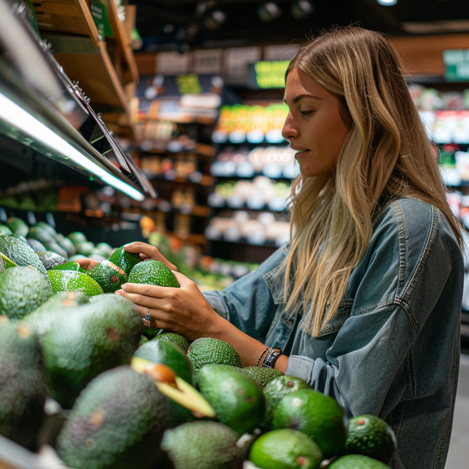 Una mujer recogiendo aguacates en una tienda de comestibles | Fuente: A mitad del viaje