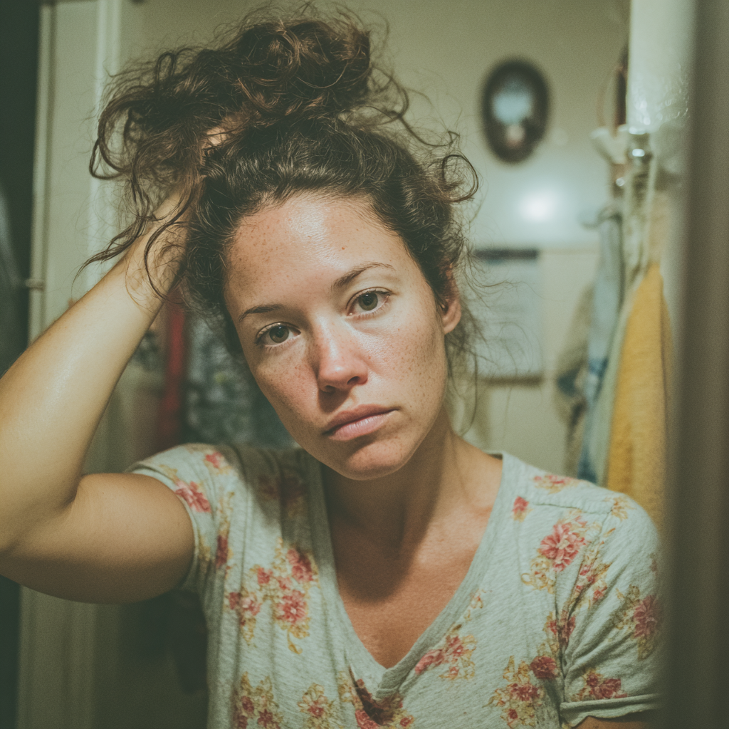 A disheveled and unhappy woman looking at her reflection | Source: Midjourney