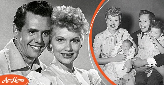 Lucille Ball and Desi Arnaz on "I Love Lucy" [left]. Lucille Ball (1911 - 1989) and her husband, Desi Arnaz (1917 - 1986) holding their two children, Desi Jr and Lucie, circa 1953 [right]. | Photo: Getty Images