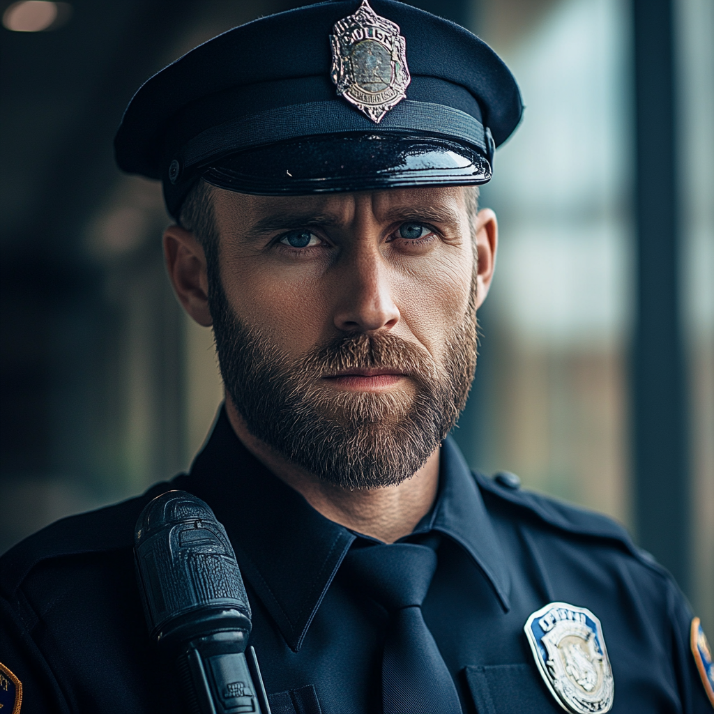 A serious police officer at a station | Source: Midjourney