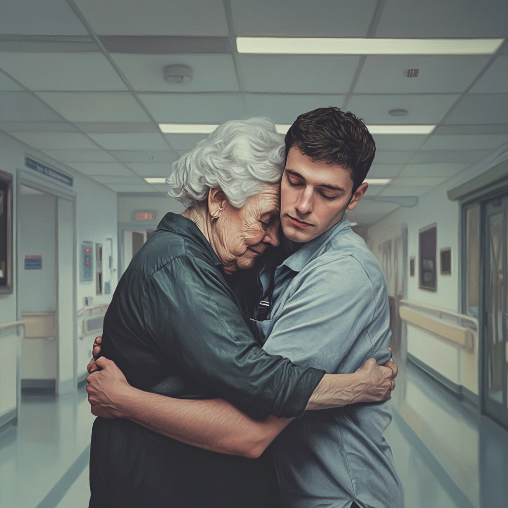 An elderly woman hugging a nervous man | Source: Midjourney