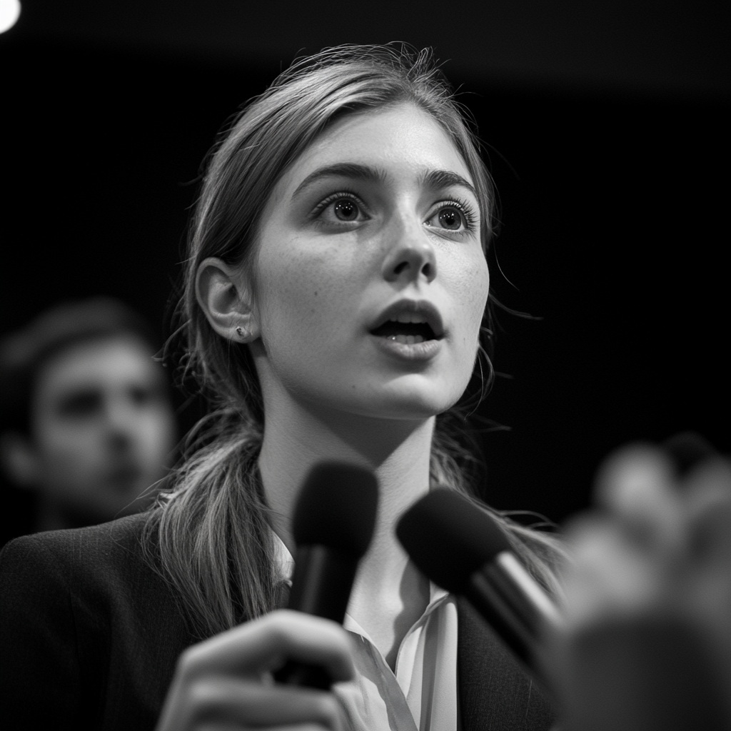 A young woman speaking at a press conference | Source: Midjourney