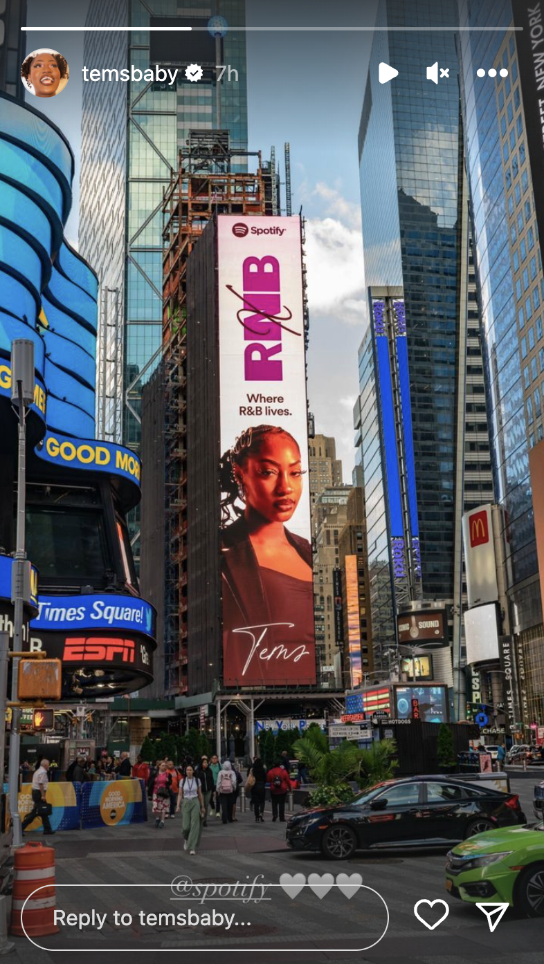 Tems photo on Time Square shared on September, 20, 2023, on Instagram Stories | Source: Instagram/temsbaby