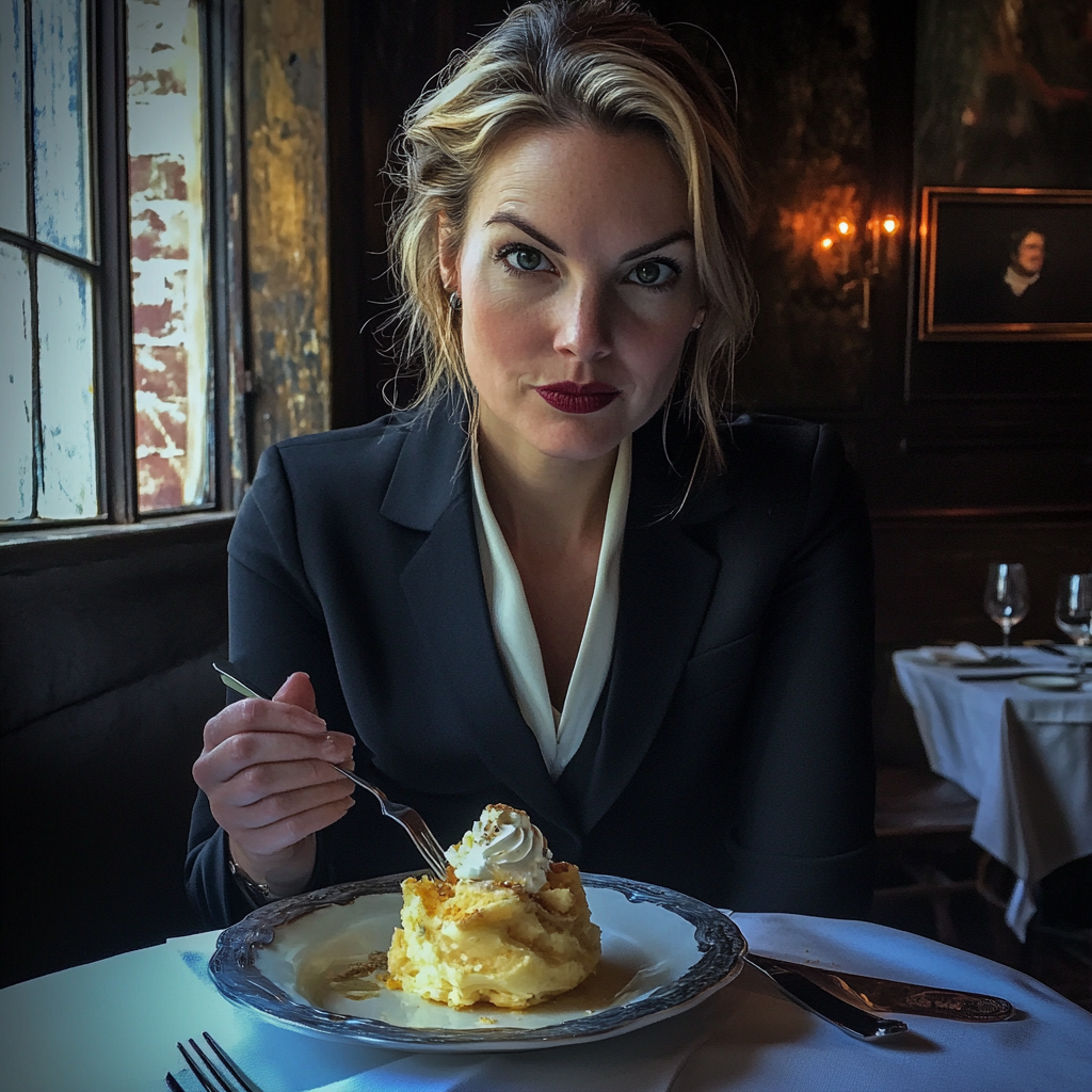 A woman sitting at a table and eating dessert | Source: Midjourney