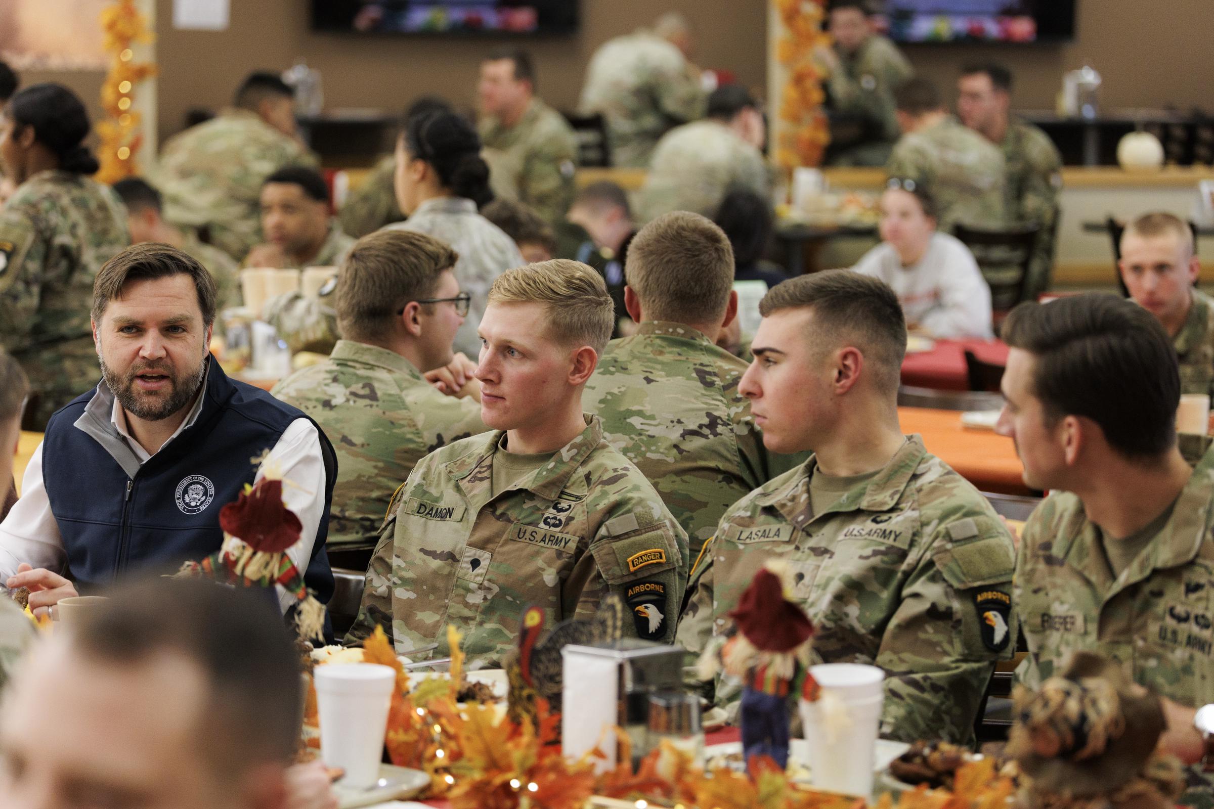 JD Vance eats with members of the 101st Airborne Division at Fort Campbell on November 26, 2025 in Fort Campbell, Tennessee | Source: Getty Images