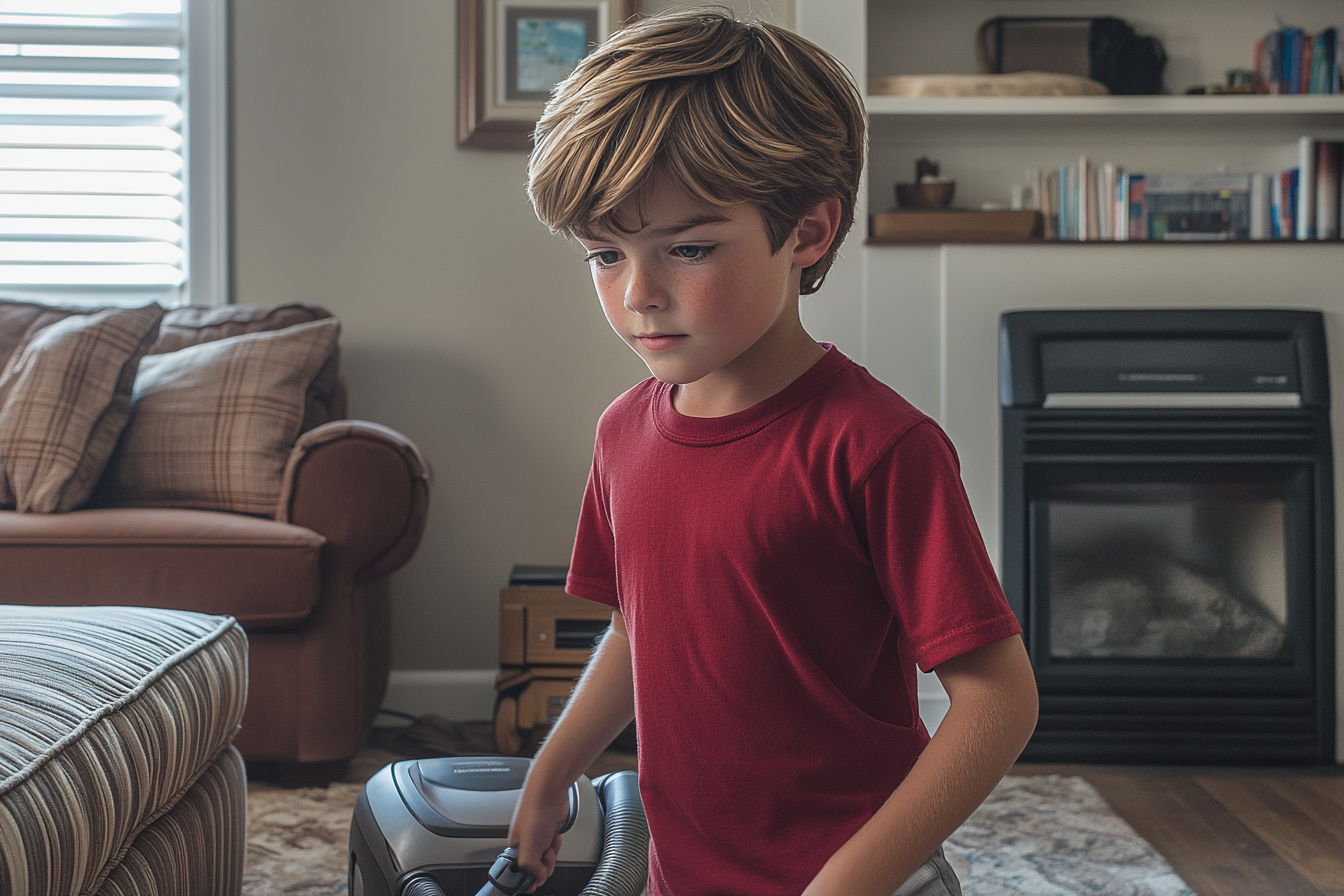 A boy vacuuming a living room | Source: Midjourney