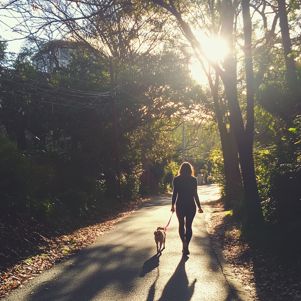 A woman walking a dog | Source: Midjourney