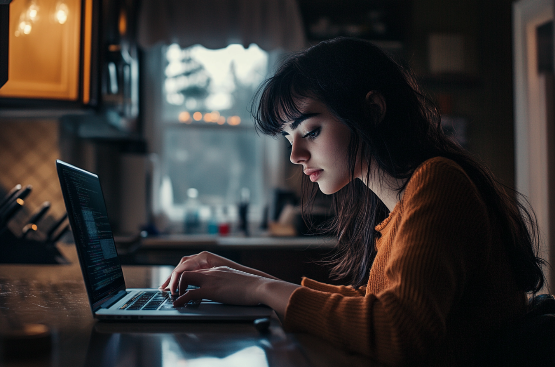 A woman using a laptop | Source: Midjourney