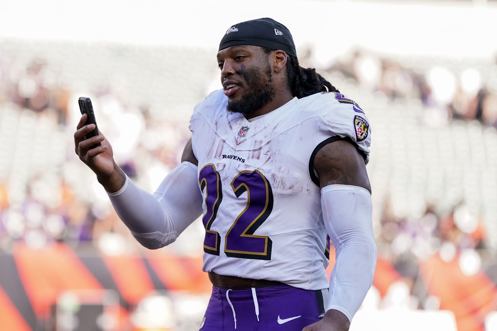 Derrick Henry of the Baltimore Ravens after beating the Cincinnati Bengals during a football game on October 6, 2024, in Cincinnati, Ohio. | Source: Getty Images