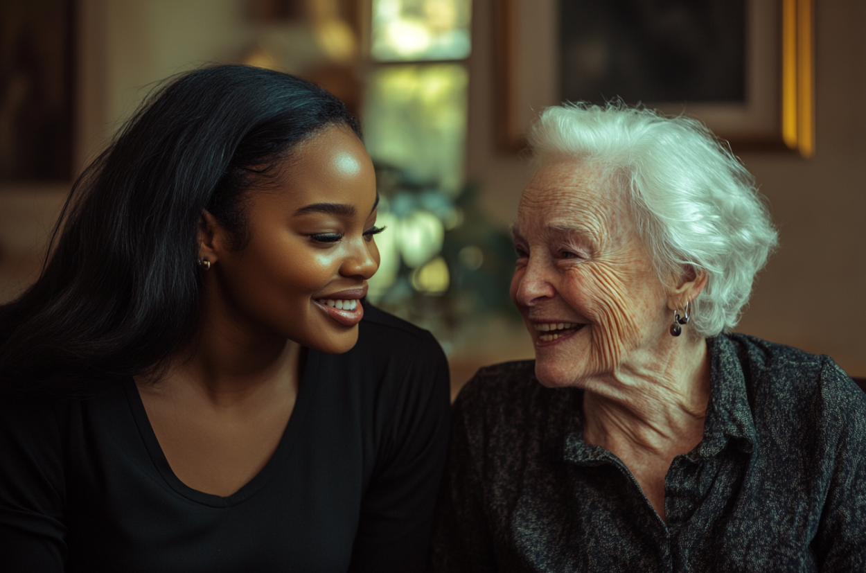 Two women laughing together | Source: Midjourney