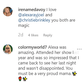 Fan Comments on Christie Brinkley's post praising both her and her daughter, Alexa Ray | Instagram: @christiebrinkley