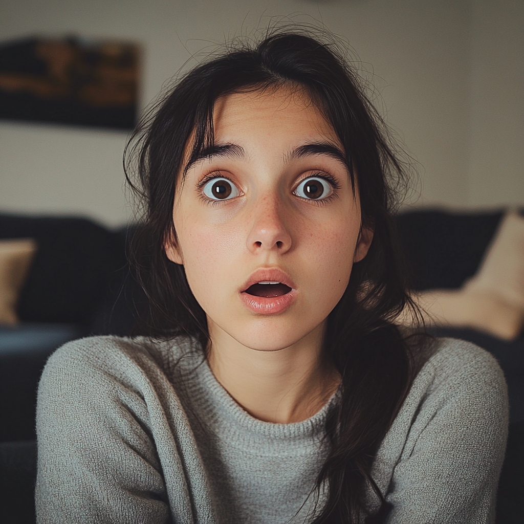 A shocked girl in the living room | Source: Midjourney