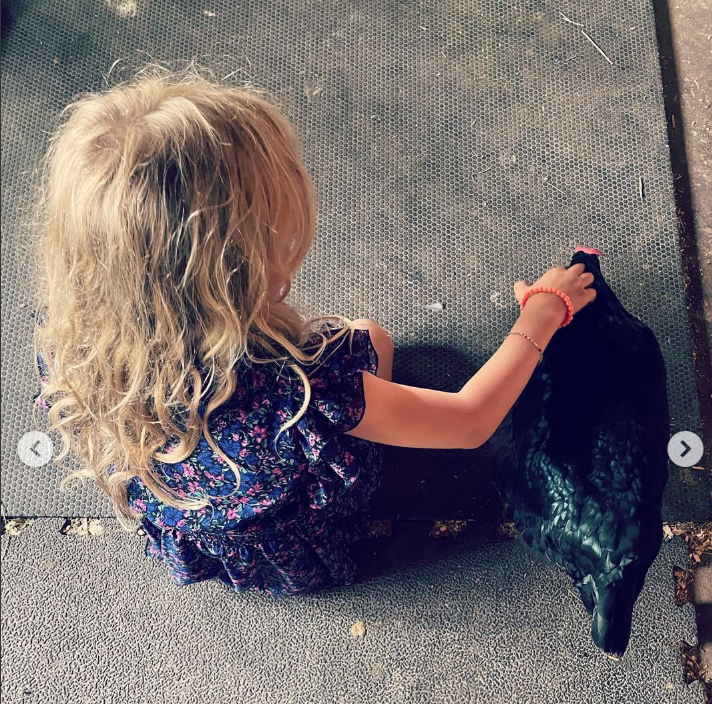 Amanda Seyfried's daughter is pictured petting a chicken, dated July 25, 2023 | Source: Instagram/mengey