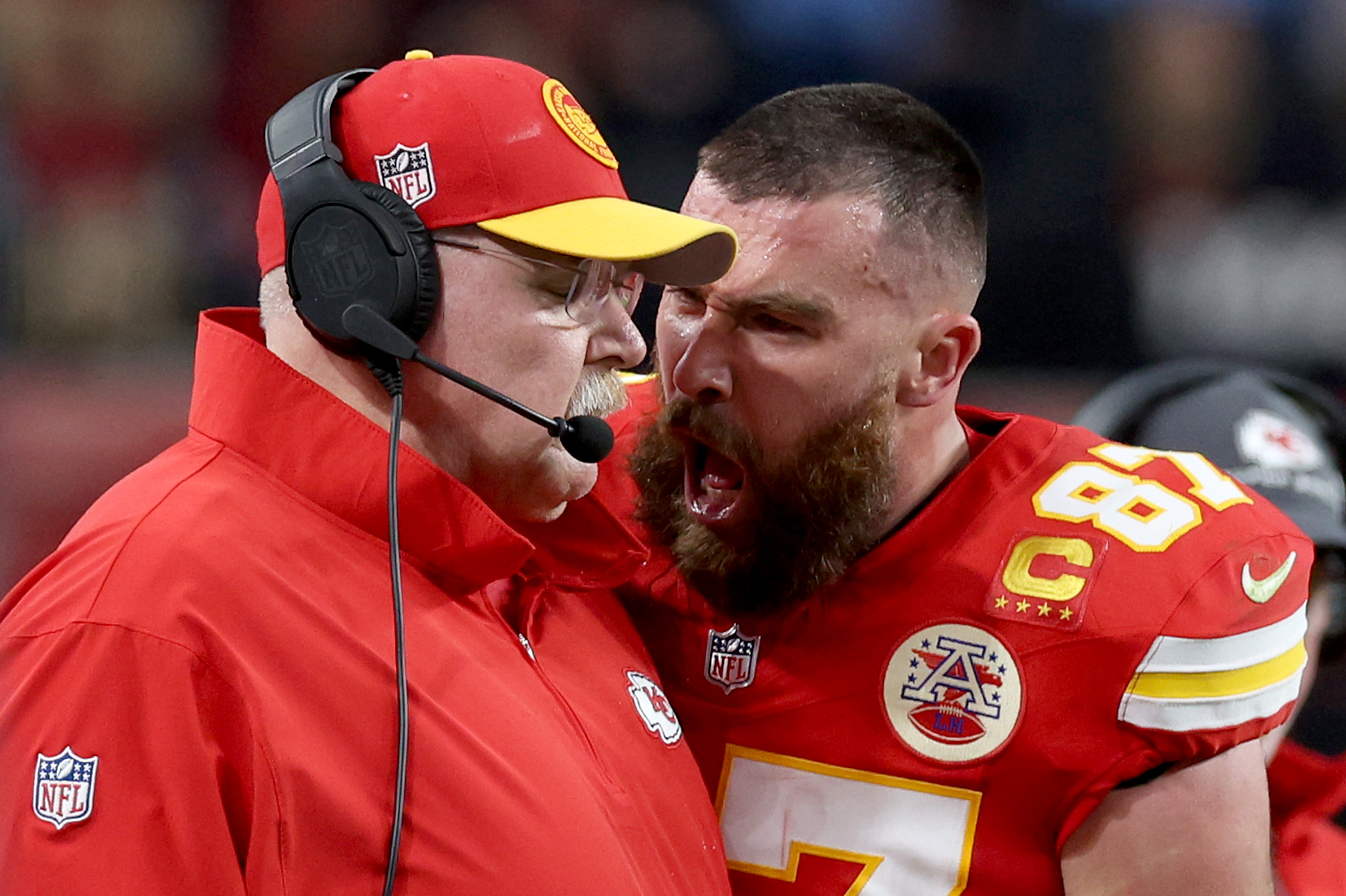 Travis Kelce reacts at head coach Andy Reid during Super Bowl LVIII on February 11, 2024 in Las Vegas, Nevada | Source: Getty Images
