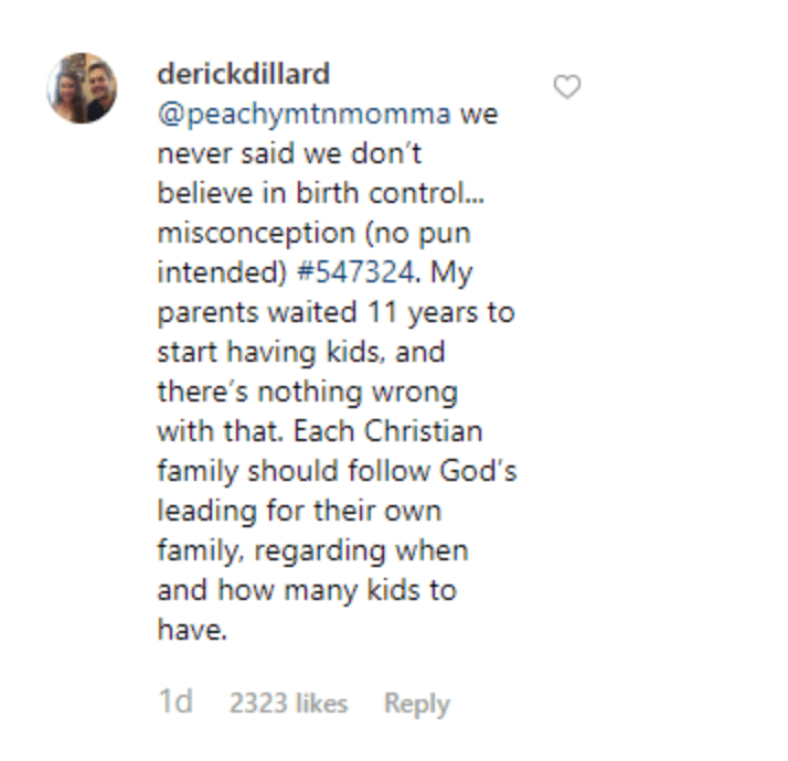 Derick Dillard responds to fan's comment on the Instagram post. | Source: Instagram/jillmdillard
