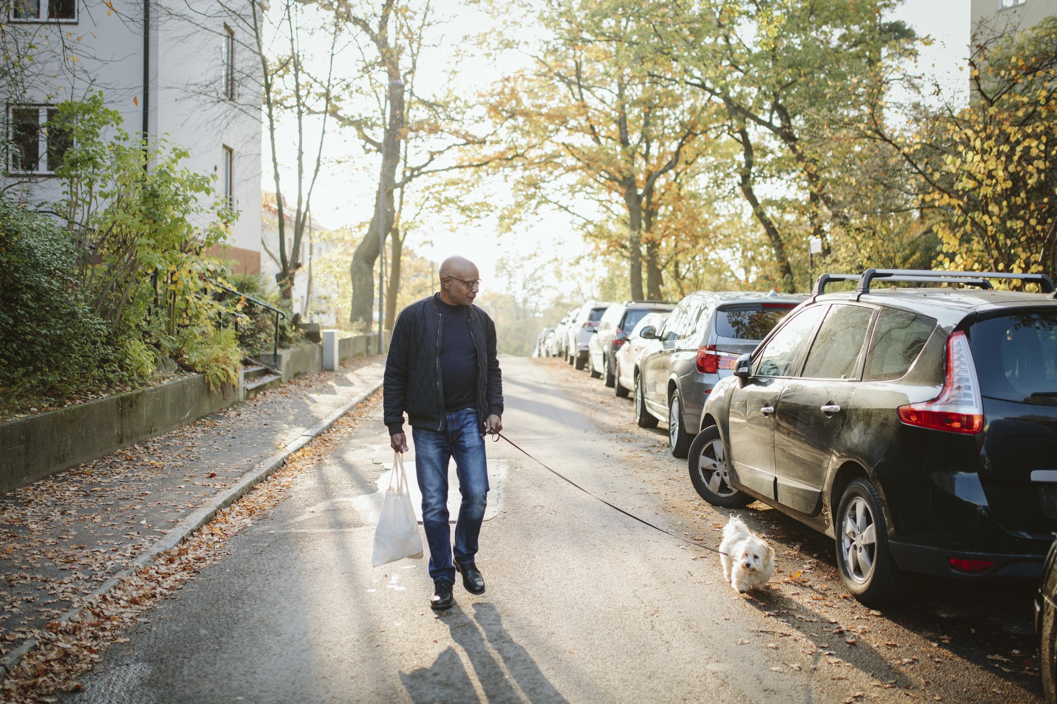 A photo of a man taking a walk with his dog during autumn. | Photo: Getty Images