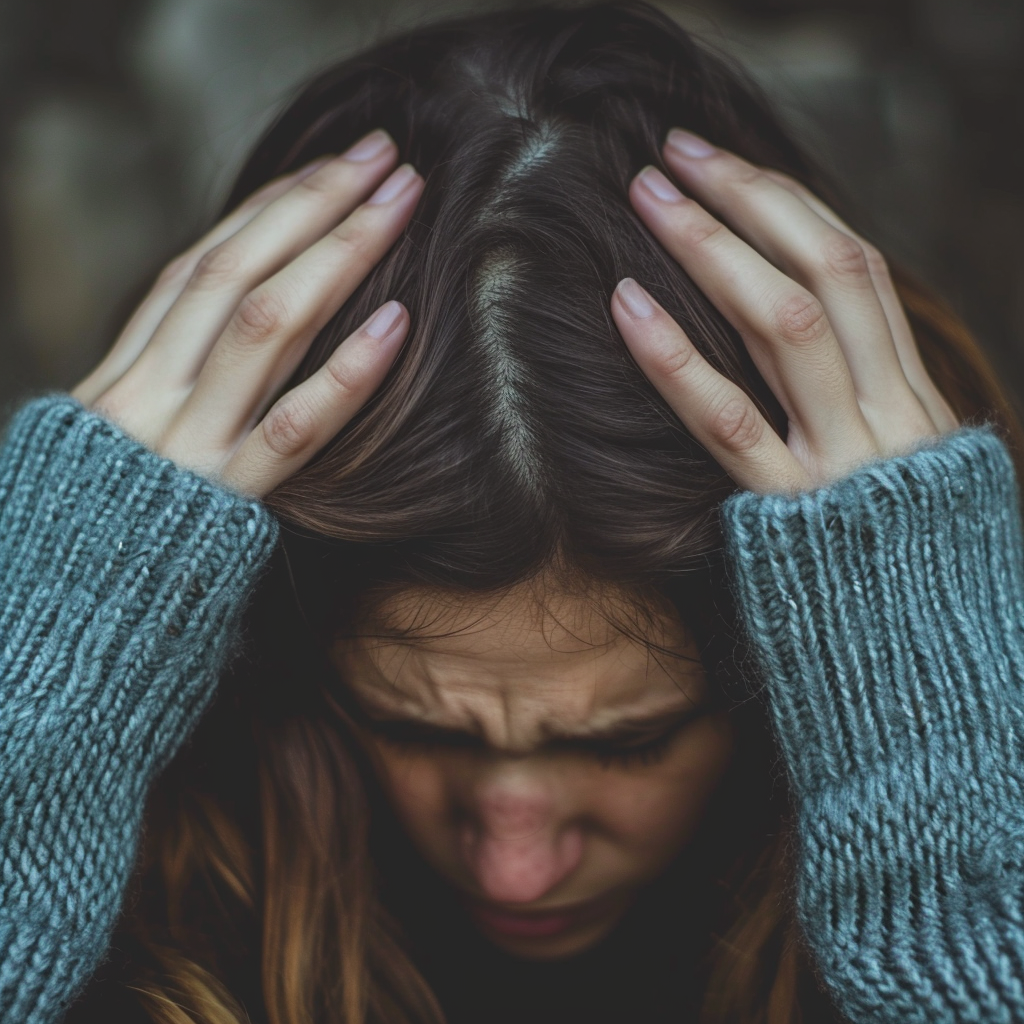 A young woman holding her head | Source: Midjourney