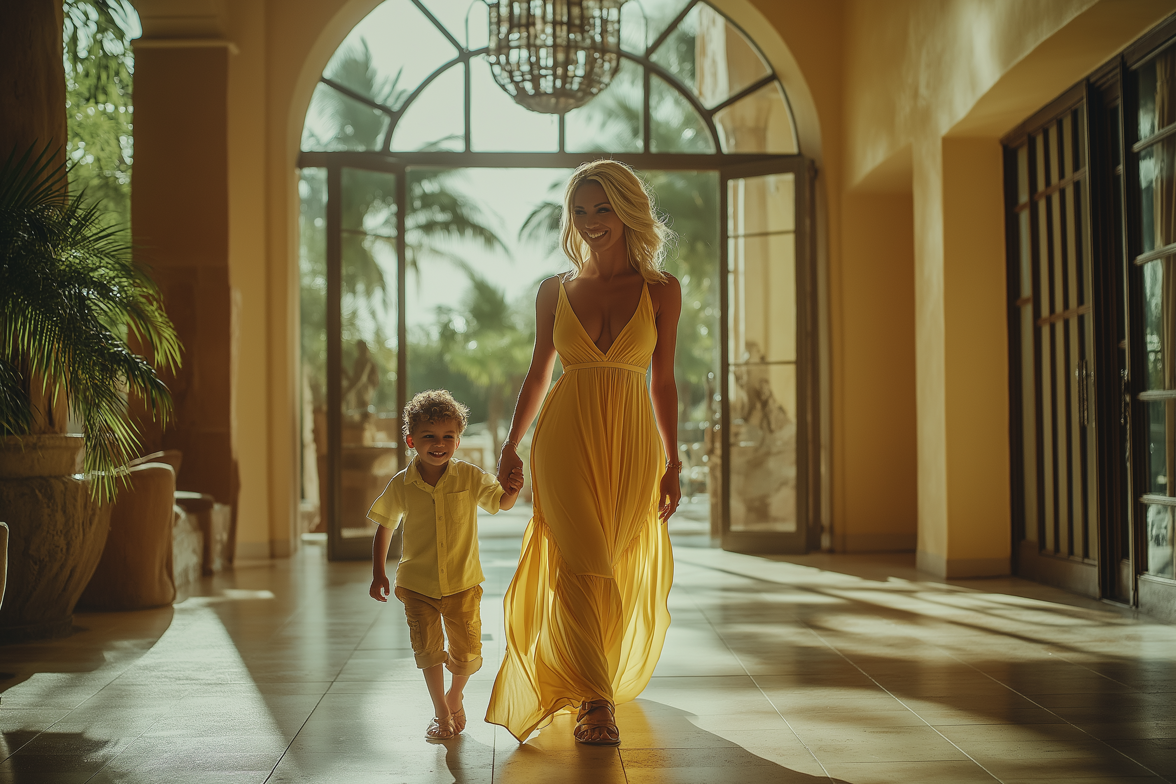 A woman and son at a resort lobby | Source: Midjourney