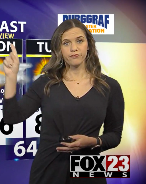 Laura Mock conducting a weather broadcast, posted on May 5, 2023 | Source: YouTube/FOX23 News Tulsa