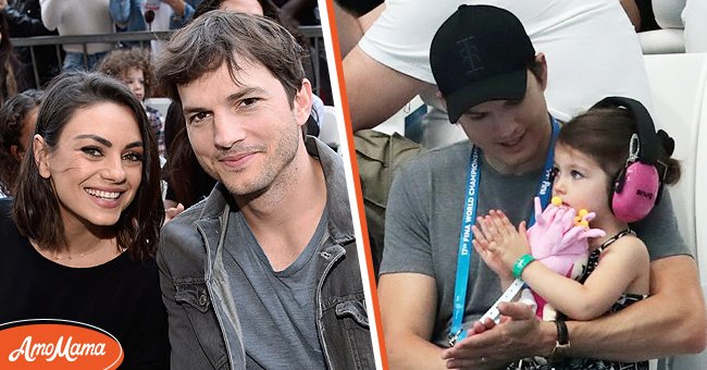 Actor Ashton Kutcher with his wife Mila Kunis. [Left] | Actor Ashton Kutcher carrying his daughter on his legs. [Right] | Photo: Getty Images