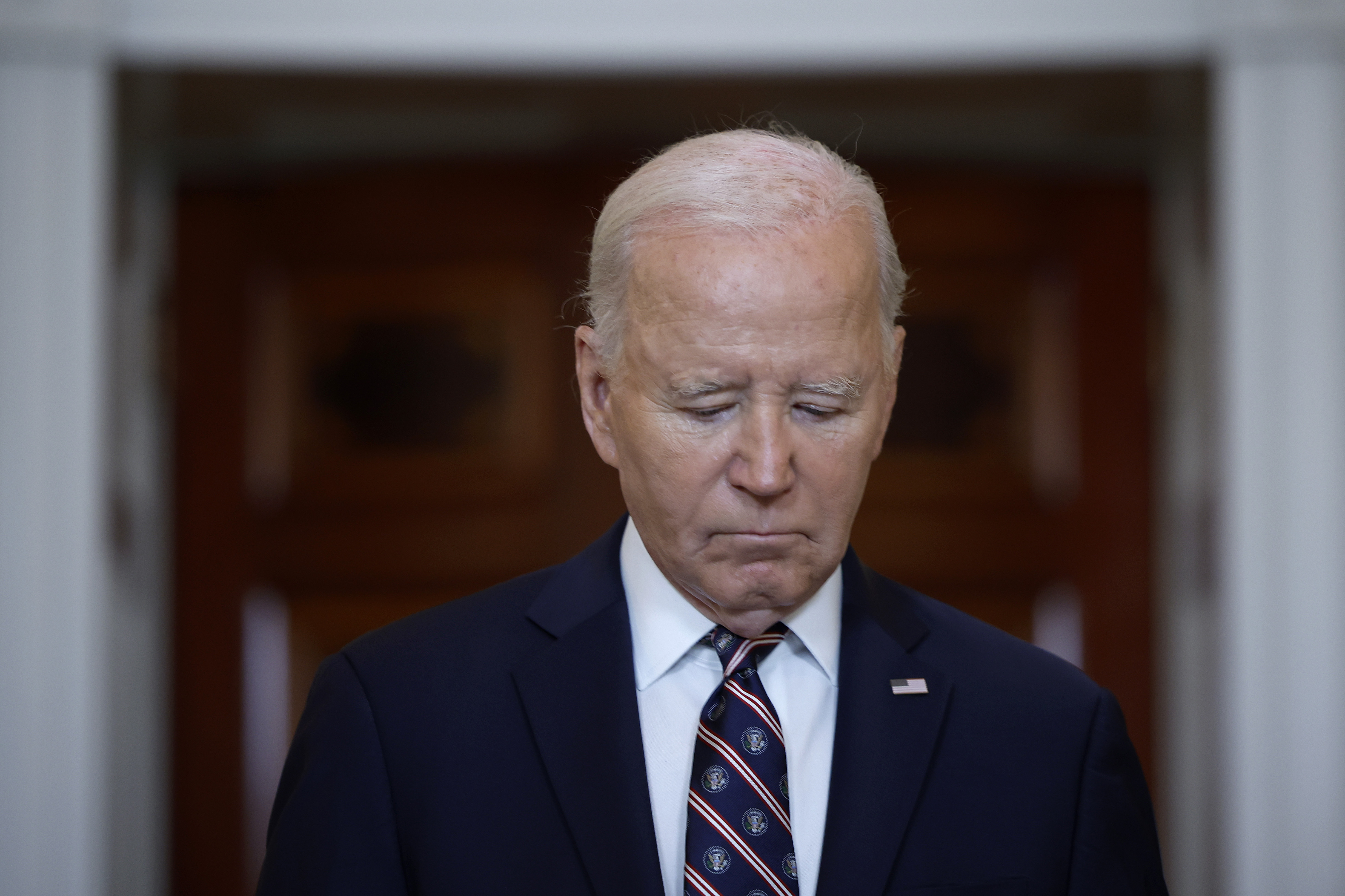 Former U.S. President Joe Biden during a remembrance ceremony for the one-year anniversary of the Hamas attack on Israel in the Blue Room at the White House on October 7, 2024, in Washington, D.C. | Source: Getty Images