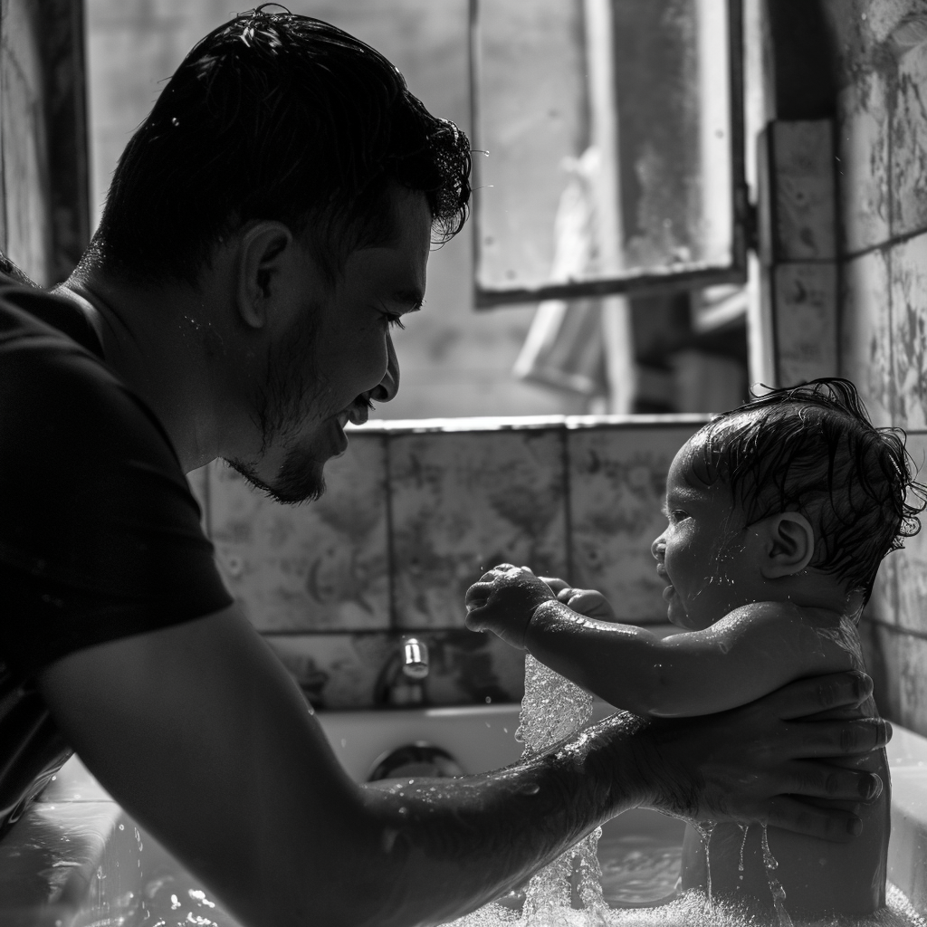 Tom bathing baby Luc | Source: Midjourney