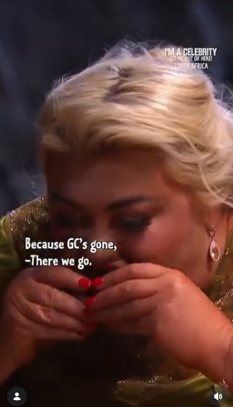 Both hands pressed tightly near her mouth, Gemma Collins looks as though round one of the eating trial has officially made its presence felt, as the caption reads 