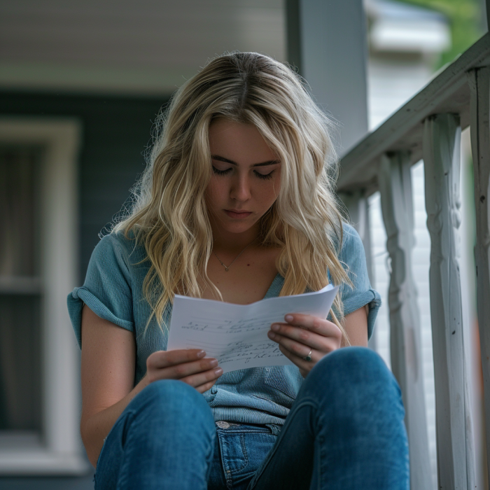 A woman is sitting on a porch and reading a letter | Source: Midjourney