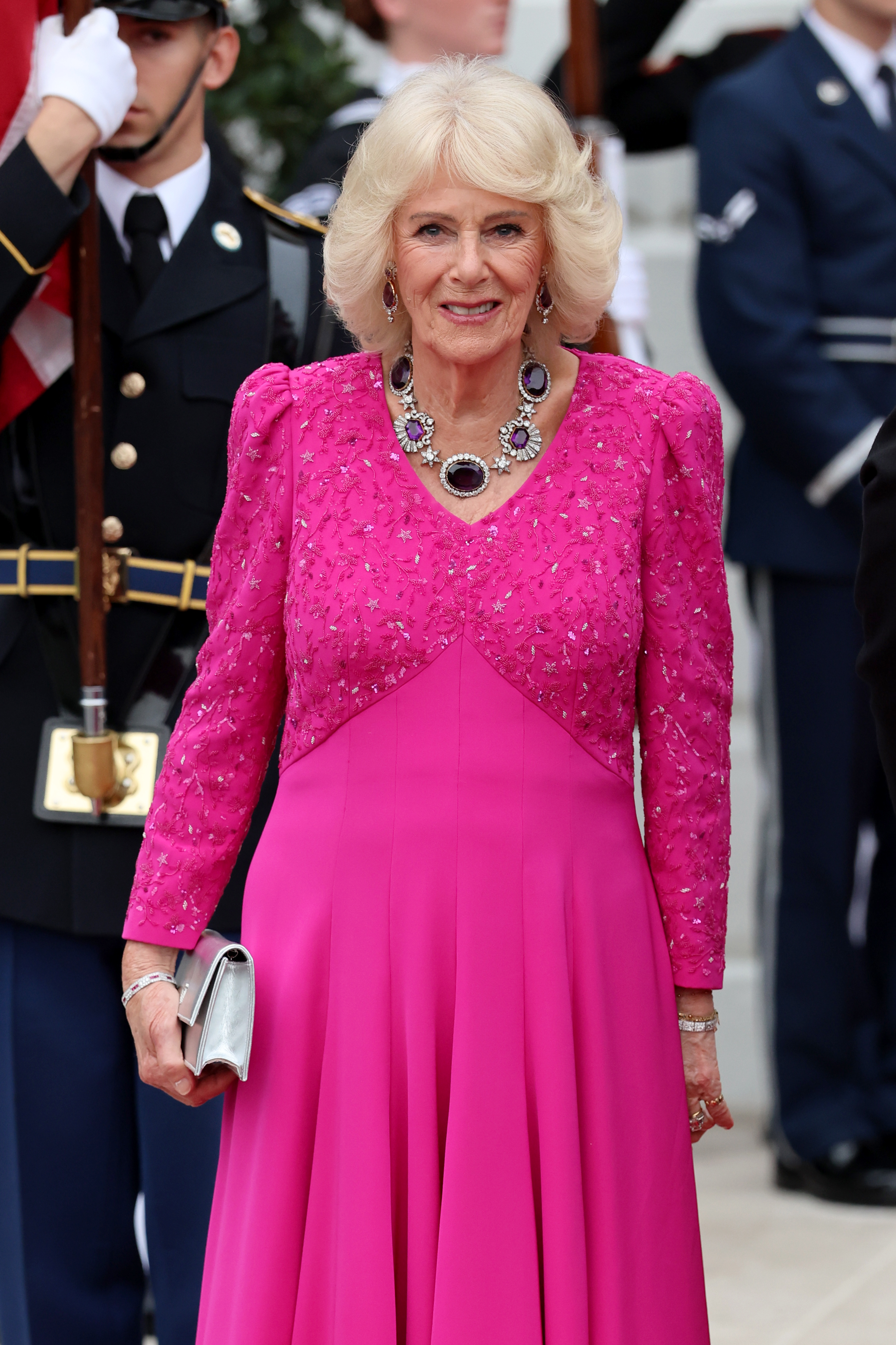 Queen Camilla poses outside during an official state dinner hosted by the President and First Lady at The White House on day two of the State Visit of King Charles III and Queen Camilla to the United States of America, on 28 April 2026 in Washington, DC. | Source: Getty Images