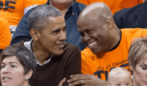 Barack Obama and Craig Robinson share a moment during a basketball match. | Source: YouTube/Good Morning America