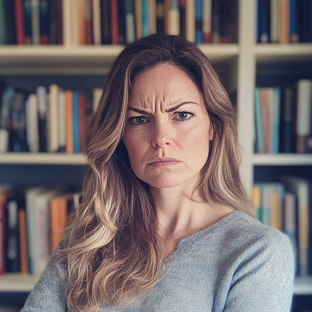 An angry woman standing in front of a bookshelf | Source: Midjourney