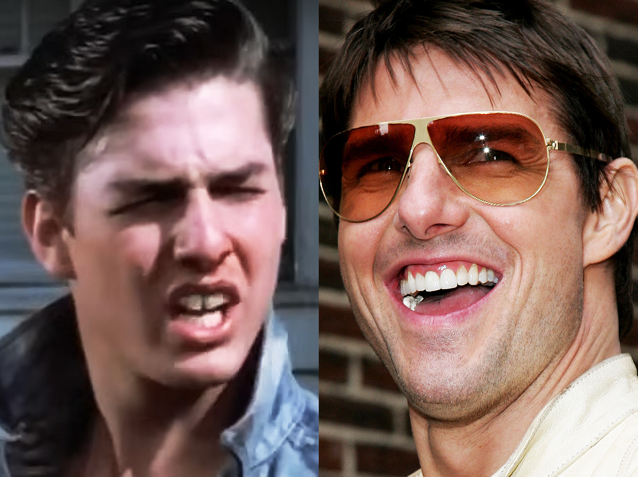 A before and after of Tom Cruise's smile. | Source: YouTube/Warner Bros. | Getty Images