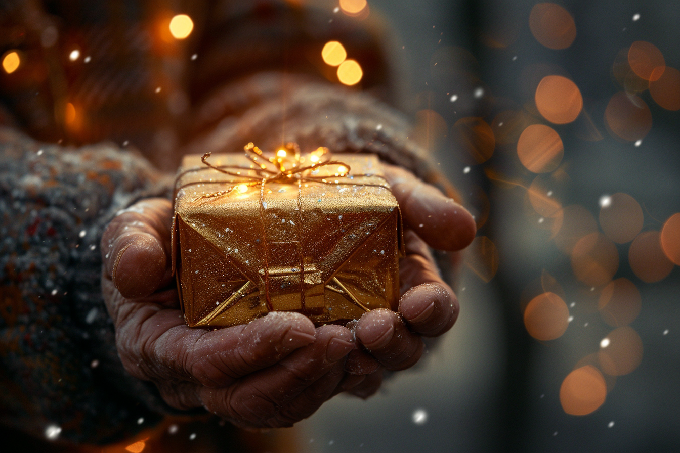 Older man holding a glittery gift box | Source: Midjourney