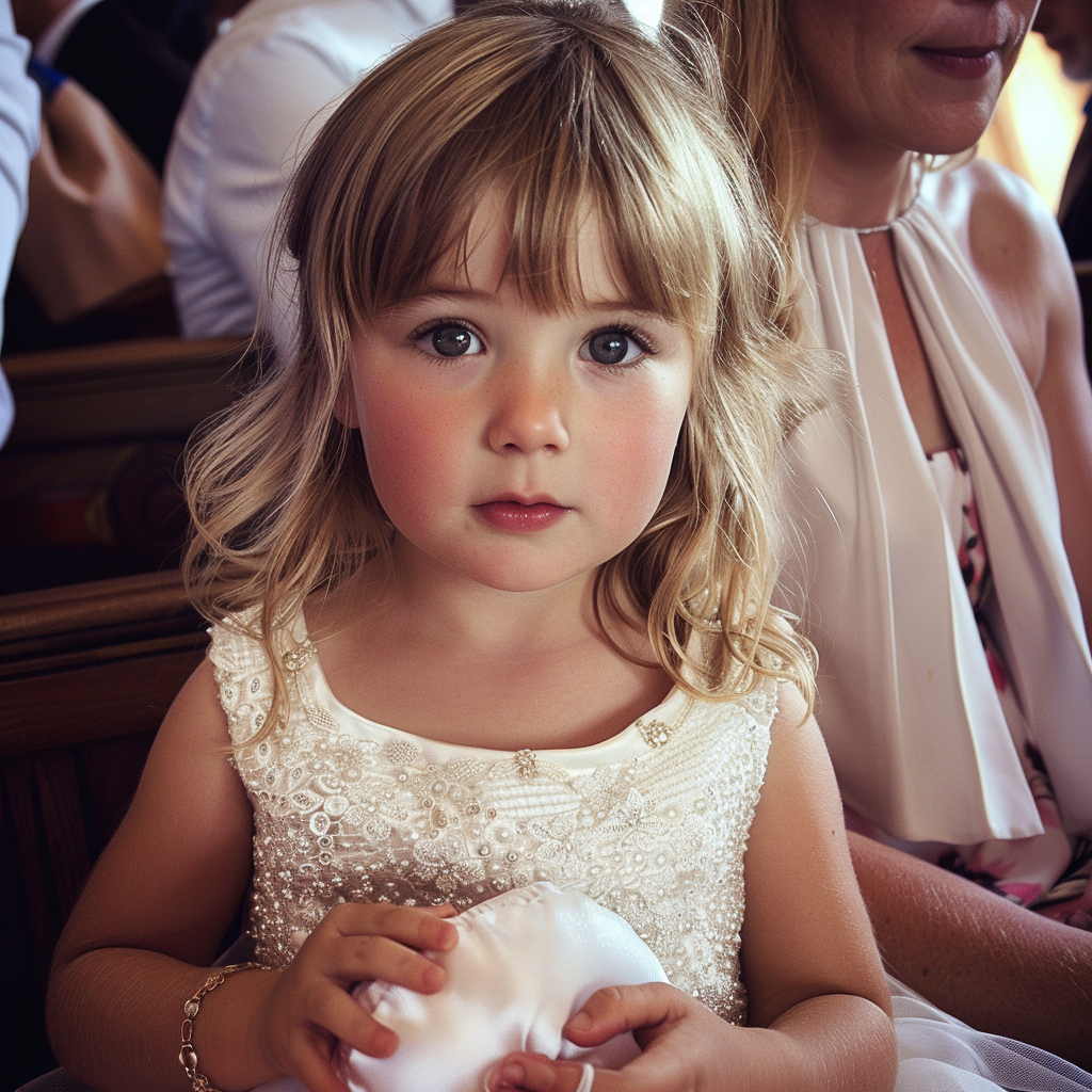 A little girl holding a ring cushion | Source: Midjourney