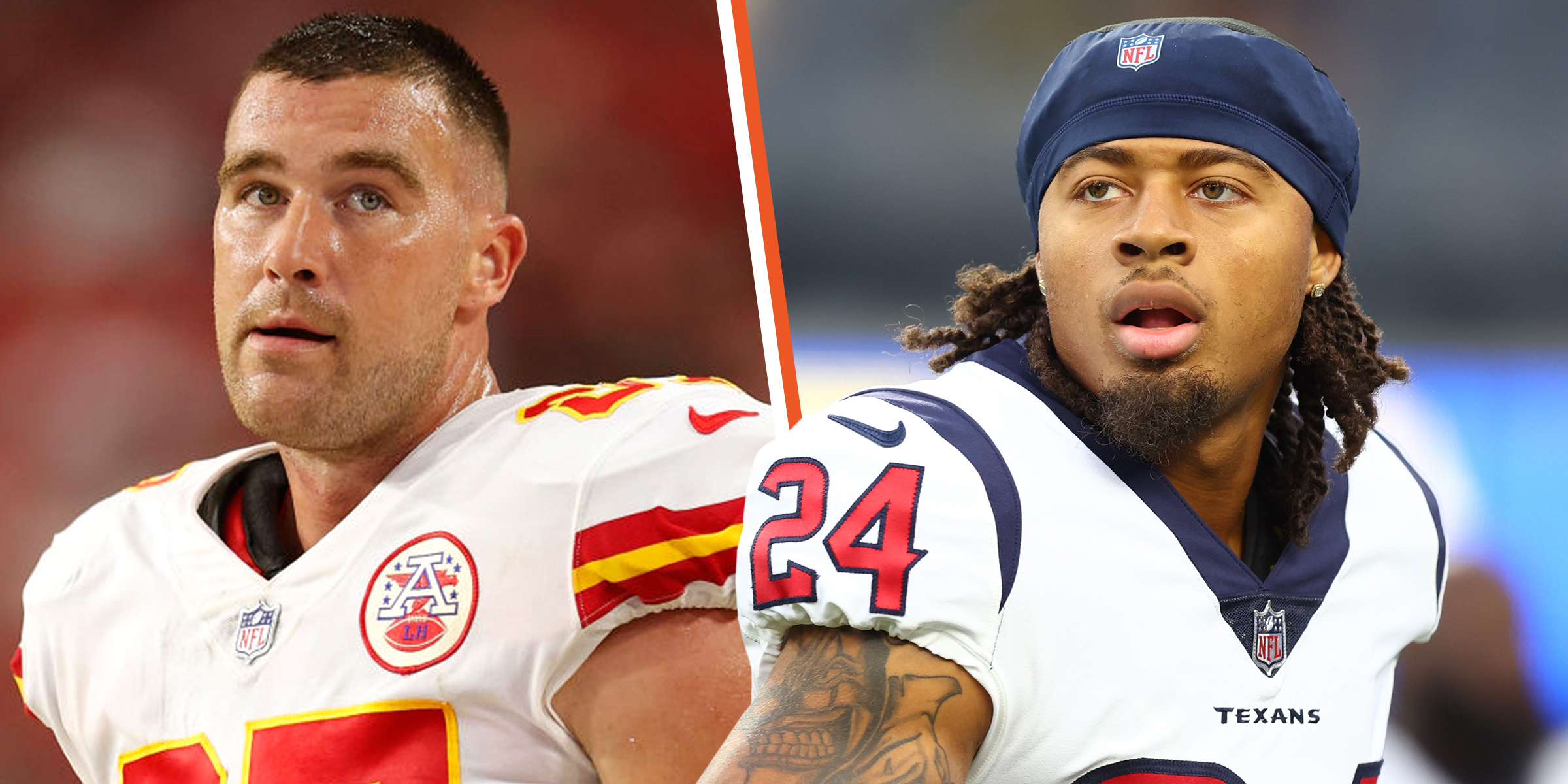 Travis Kelce of Kansas City Chiefs | Derek Stingley Jr. of the Houston Texans | Source: Getty Images