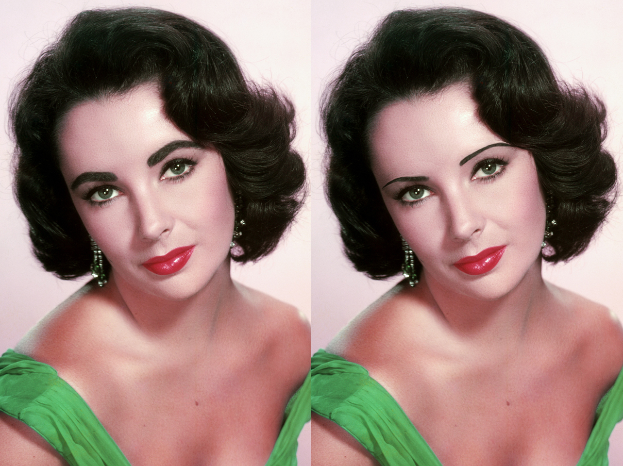 Elizabeth Taylor's signature brows from the 1950s vs a digitally edited thin-brow look | Source: Getty Images