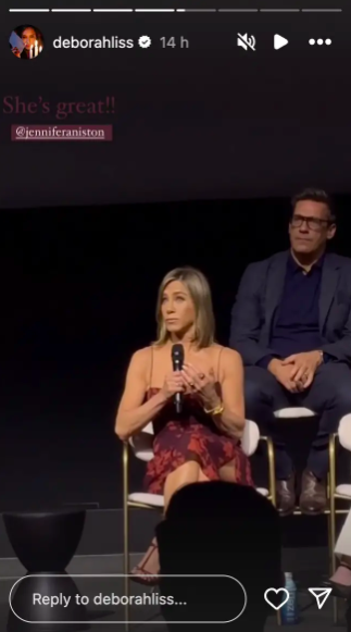 Jennifer Aniston speaking at the Emmy FYC Event for Apple TV+'s "The Morning Show," posted on June 3, 2024 | Source: Instagram/deborahliss
