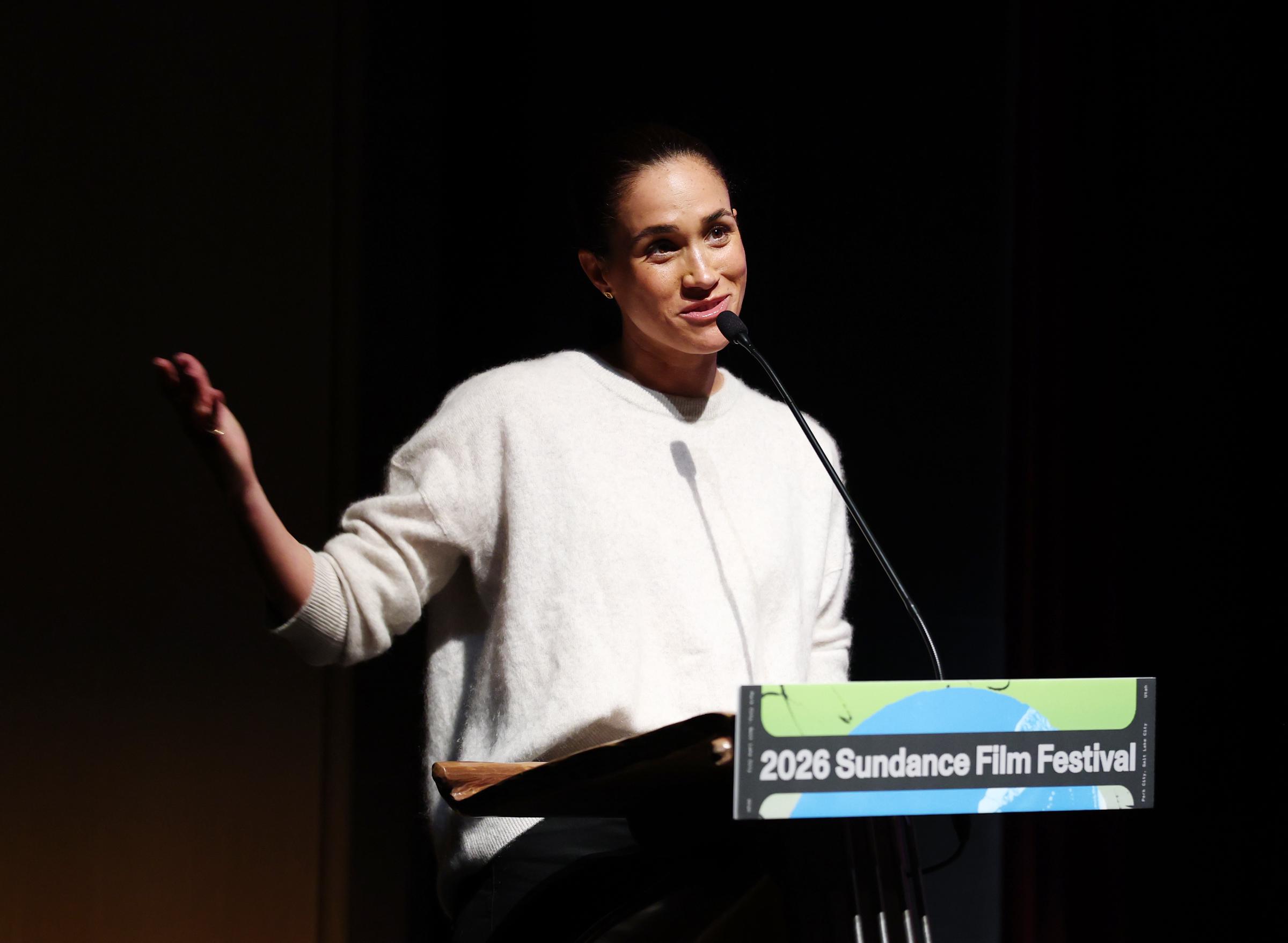 Meghan Markle speaks onstage at the "Cookie Queens" premiere during the 2026 Sundance Film Festival on January 25 in Park City, Utah. | Source: Getty Images