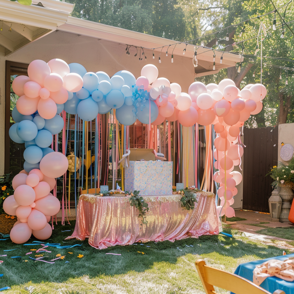 A backyard decorated for a gender reveal party | Source: Midjourney