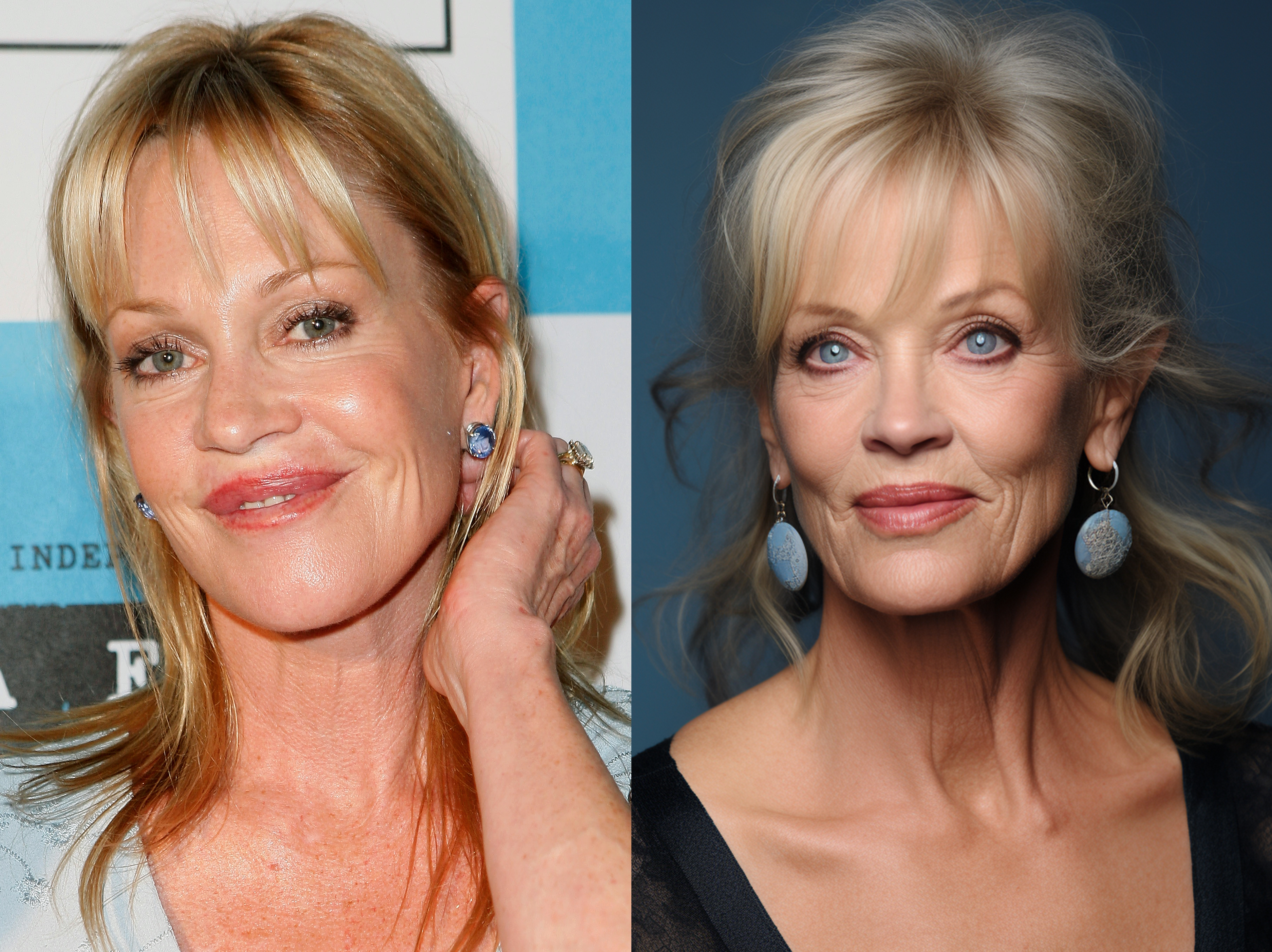 A younger Melanie Griffith before plastic surgery vs an AI depiction of how she might have looked like 14 years from now without plastic surgery | Source: Getty Images | Midjourney AI