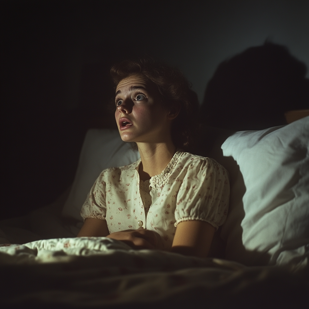 A shocked woman lying awake | Source: Midjourney