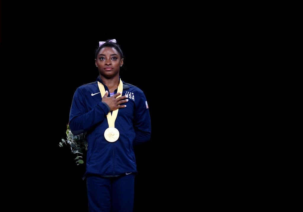 Simone Biles on the podium at the 2019 World Artistic Gymnastics Championships in Stuttgard. | Photo: Getty Images