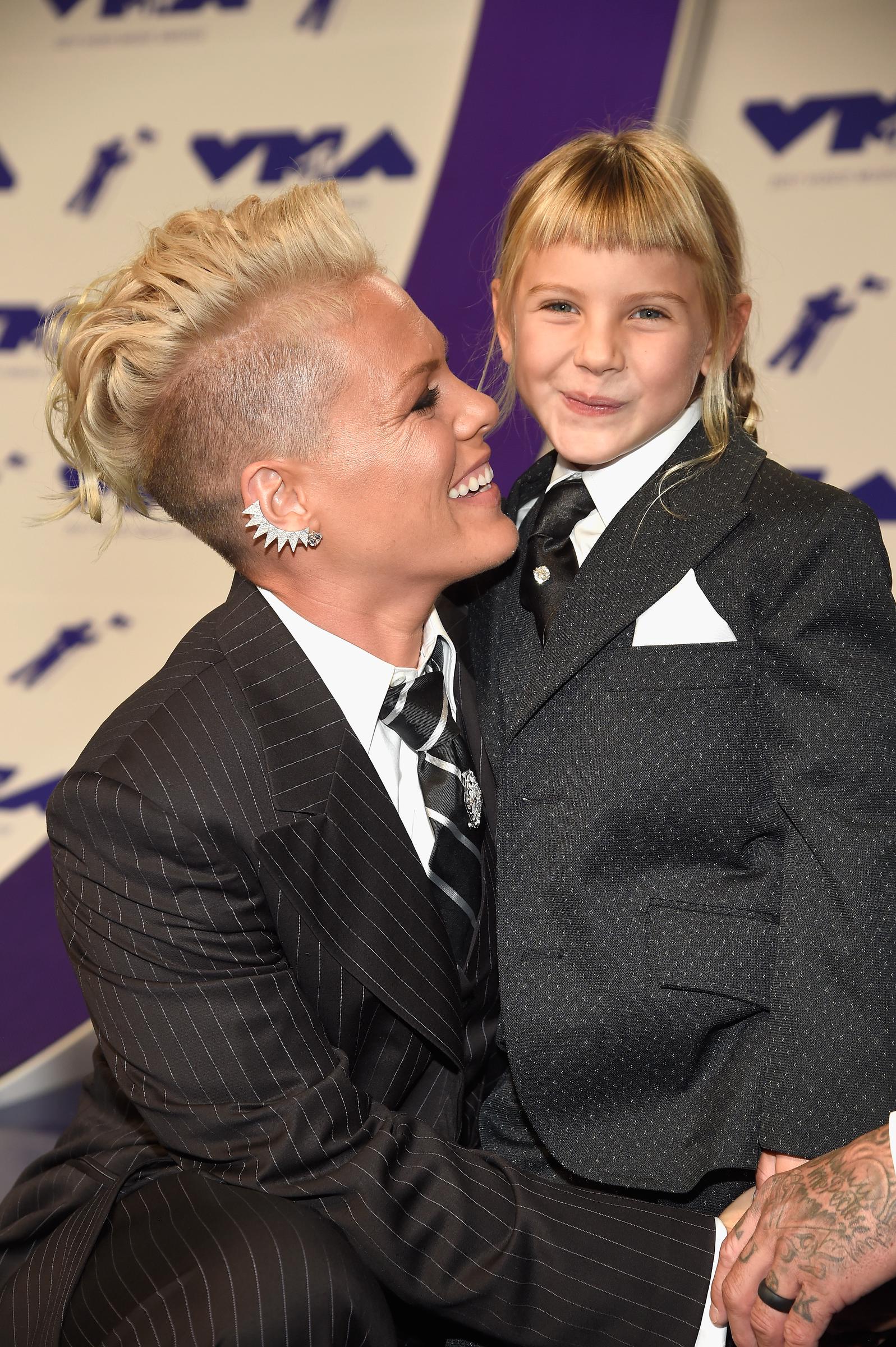Pink beams at Willow Sage Hart during the MTV Video Music Awards at The Forum on August 27. The mother-daughter pair coordinate in sharp black suits, with Willow adding a pocket square.